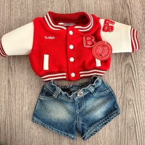 BUILD A BEAR BAB RED VARSITY Letterman JACKET & denim skirt